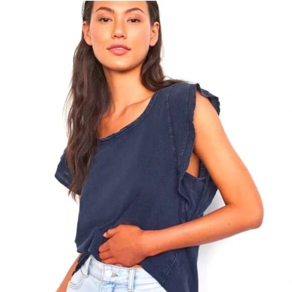 ANTHROPOLOGIE BLUE FLUTTER SLEEVE DAILY PRACTICE ASYMMETRIC T SHIRT XS - Picture 1 of 7